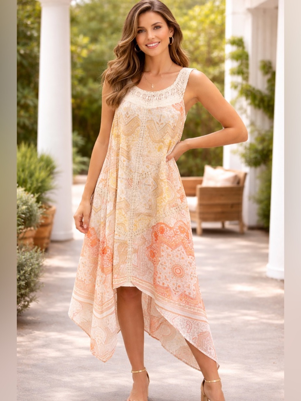 Boho Cato Peach Multi Handkerchief-Hem Crochet-Trim Dress